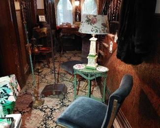 2 MID CENTURY BRASS AND BLUE VELVET CURVED CHAIRS