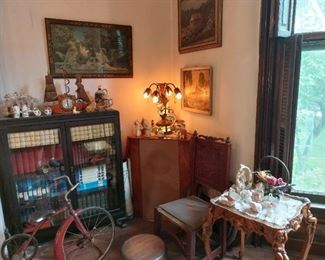 TALL WOOD CORNER SPEAKER-CARVED WALNUT CHERUB TABLE--1920'S MAXWELL PARISH GREEK WOMEN PRINT 