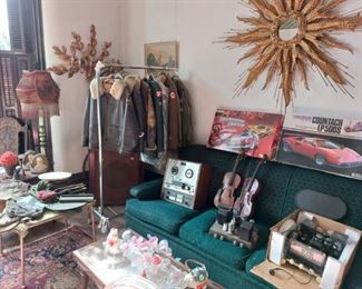 WW11 AIR FORCE BOMBER COATS-THEY HAVE RIPS AND LEATHER IS DRY-SOME MILITARY COATS,HATS, 1950'S HUNTING COAT, OLD VIOLINS-MID CENTURY "STAR BURST" HEAVY BRASS MIRROR AND ITS SIGNED