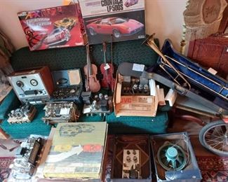 HENRI SELMER TROMBONE PARIS--WOOD CARING CASE OF ALLIED RADIO KNIGHT BLUE SPEAKER & TUBE AMPLIFIER--1952 AIR FORCE 1-1777 TUBE TESTER---