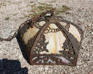 1900'S SLAG GLASS STAINGLASS  HANGING LIGHT FIXTURE-ORNATE COPPER DESIGN-