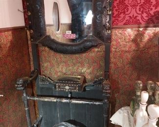 1900'S BLACK WOOD WITH CARVED SERPENT HEADS--TOOLED LEATHER AROUND THE MIRROE-ORIGINAL TIN BOTTOM TRAY