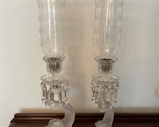 19th century signed 23" high Baccarat dolphin crystal candle holders 