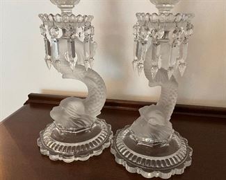 19th century signed 23" high Baccarat dolphin crystal candle holders