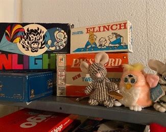 Furby Zebra , Pink Yellow Hair Tiger Furby w/Tag 
Vintage Funlight Game 
Vintage Password Game 
Vintage Flinch Game 