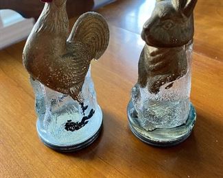 Metal Bottom Glass Rooster and Rabbit 