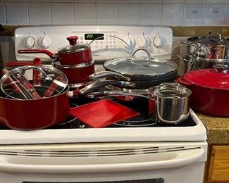Kitchen pots and pans in red