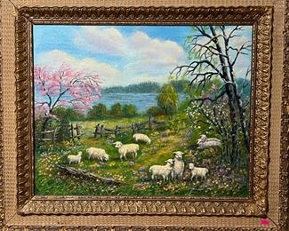 Naive original painting of sheep in pastoral setting