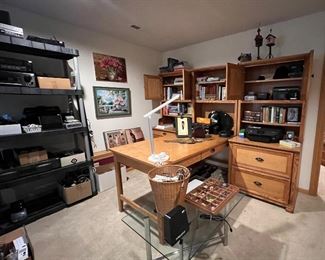 Office furniture - desk, computer setup, bookcases, file drawers - all in solid oak