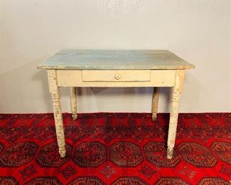 White single dropleaf table with blue top
