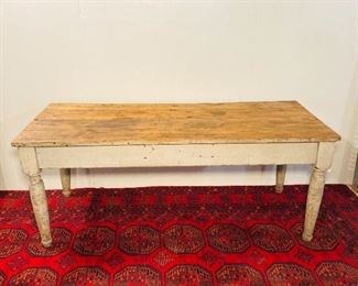 Grey farm table with scrub top