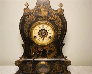 Wood and metal mantle clock with stenciling