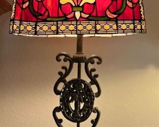 Red Lily Stained Glass Lamp on Iron Stand
