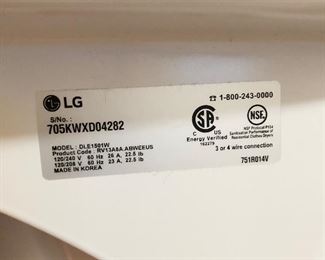 2017 LG  Washing Machine Ser. #705kwxd04282.  Model DLR1891W