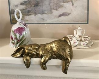 Bell, Mini Tea Set and Brass Bunny