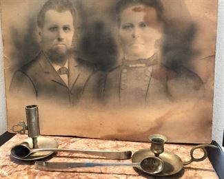 Large Antique Photograph, Pewter Candlesticks and Snuffers
