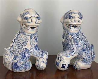 Blue & white ceramic foo dogs