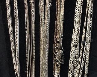 (24) STERLING SILVER NECKLACES, ASSORTED STYLES, CUBAN LINK, SNAKE, ROPE, BOX