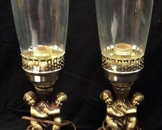 PAIR OF CHERUB METAL LAMPS, 16in H