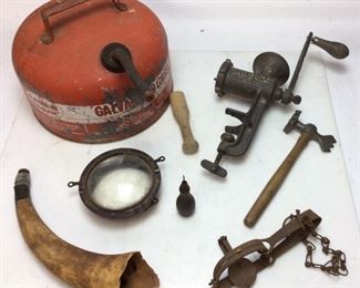 ASSORTED COLLECTIBLES EAGLE GAS CAN, ANTIQUE MICROPHONE, BOYLE BROTHERS BRUSH, CLIPPERS, RAZOR, SAUSAGE GRINDER,