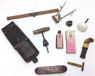 ASSORTED COLLECTIBLES EAGLE GAS CAN, ANTIQUE MICROPHONE, BOYLE BROTHERS BRUSH, CLIPPERS, RAZOR, SAUSAGE GRINDER,