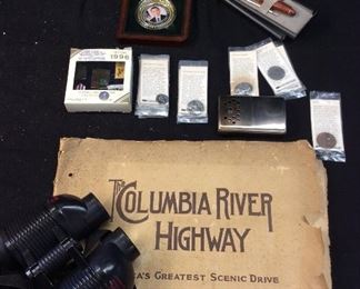 ASSORTED COLLECTIBLES, BINOC, OBAMA COIN, WOOD PEN, VTG. COLUMBIA RIVER SCENIC DRIVE BOOK