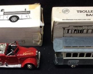 2 TROLLEY & FIRETRUCK COIN BANKS