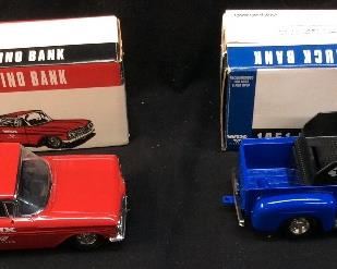 2 COIN BANKS, 54’ FORD TRUCK AND 59 CHEVY EL CAMINO