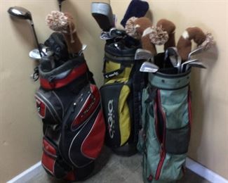 3 GOLF BAGS, ASSORTED GOLF CLUBS