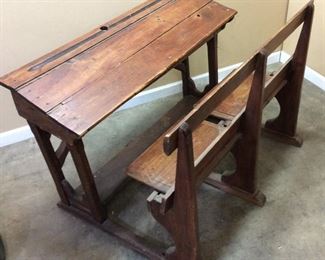 ANTIQUE 2 SEAT SCHOOL DESK, FLIP DOWN SEATS