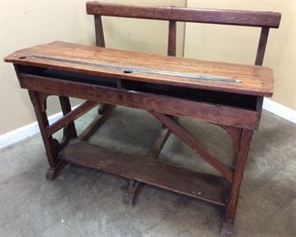 ANTIQUE 2 SEAT SCHOOL DESK, FLIP DOWN SEATS