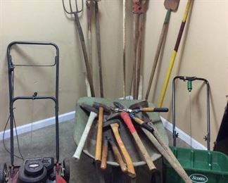ASSORTED LANDSCAPING TOOLS, AXES, HOES, PICKS, STEEL RAKES, WHEEL BARROW, POST DIGGERS, LAWNMOWER,
