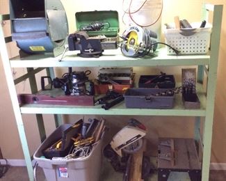 ASSORTED TOOLS, CIRCULAR SAW, SHOP FAN, ROUTER, VISE, DRILL BITS, HAND TOOLS, WRENCHES. SOCKETS, RATCHETS