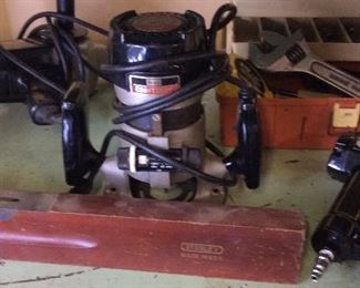 ASSORTED TOOLS, CIRCULAR SAW, SHOP FAN, ROUTER, VISE, DRILL BITS, HAND TOOLS, WRENCHES. SOCKETS, RATCHETS