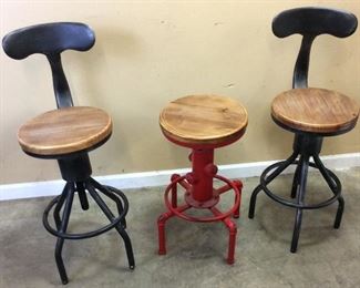 3 WOOD & METAL STOOLS, 1 WATER PIPE STYLE BASE