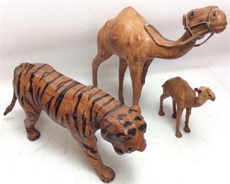 3 LEATHER BOUND SCULPTURES, 2 CAMELS 1 TIGER