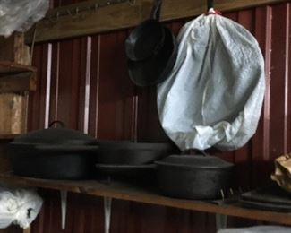 VINTAGE CAST IRON POTS, SKILLETS, PANS, DUTCH OVENS
