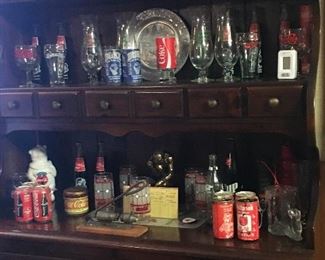 ASSORTED COLLECTIBLES, GLASSWARE, COC COLA, DUKE UNIVERSITY, VINTAGE BUFFET CABINET