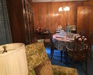 VINTAGE, MID CENTURY CHINA HUTCH, DINING TABLE AND CHAIRS
