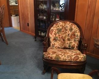 MID CENTURY CURIO CABINET, ARM CHAIR, FOOT STOOL