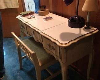 WORK DESK AND CHAIRS, ART GLASS VASE