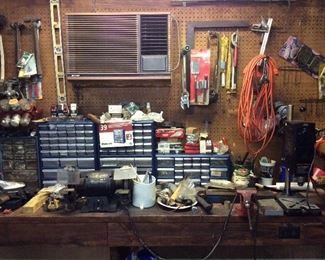 SHOP FULL OF TOOLS, HAND TOOLS, VISE, POWER TOOLS, DRILL PRESS, GRINDER, LEVELS, HAMMMERS, SQUARES, 