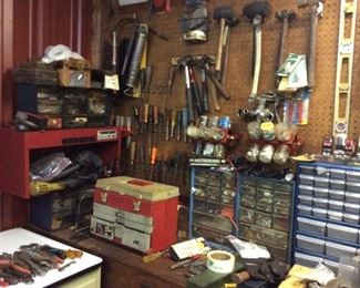 SHOP FULL OF TOOLS, HAND TOOLS, VISE, POWER TOOLS, DRILL PRESS, GRINDER, LEVELS, HAMMMERS, SQUARES, 
