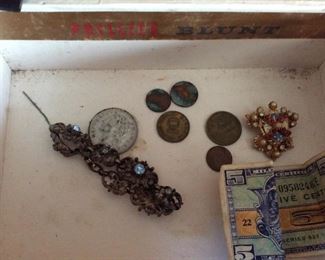 VINTAGE COINS CURRENCY, BLUE STONE BRACELET, VINTAGE PIN