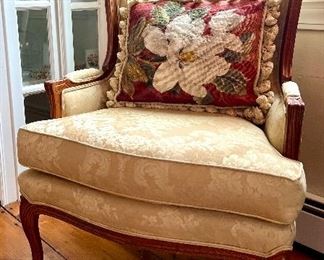Ethan Allen Carved Armchair & Tapestry Pillow