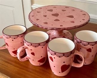 (4) Heart Mugs & Cake Stand