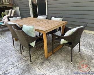 Outdoor Wood Patio Table and Wicker Chair Set