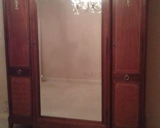 ANTIQUE FRENCH ARMOIRE INSET WITH FRUITWOODS, CURVED LEGS AND ORMOLU TRIM