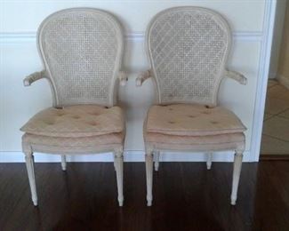 DINING CHAIRS 2 END CHAIRS ANTIQUE IVORY COLOR WITH CANE BACKS