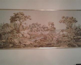 ANTIQUE FRENCH TAPESTRY PASTORAL SCENE WITH LAMBS AND TREES, 78 INCHES X 30 INCHES